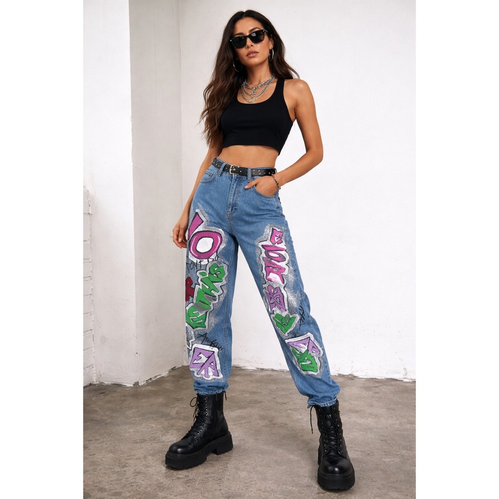 Topshop Moto Mom W32 L30 Hand Painted Graffiti Denim High Rise Statement Jeans